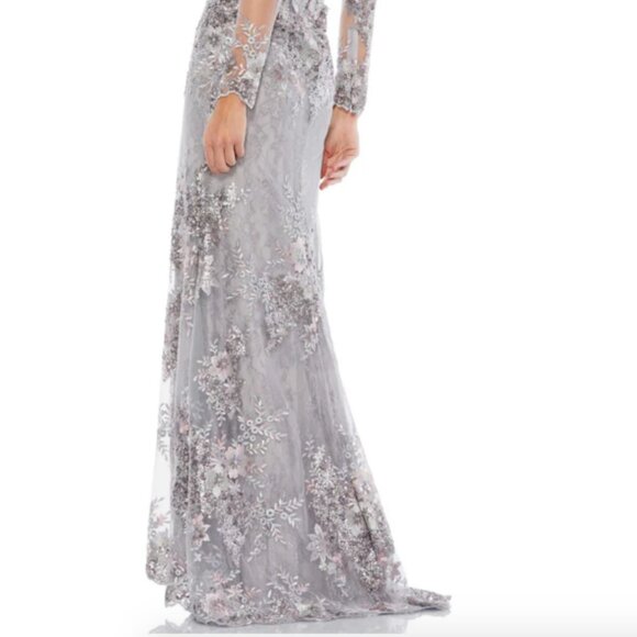 MAC DUGGAL 67539 EMBELLISHED V-NECK ILLUSIONS LONG SLEEVE PLATINUM GOWN sz 20W - Picture 6 of 7